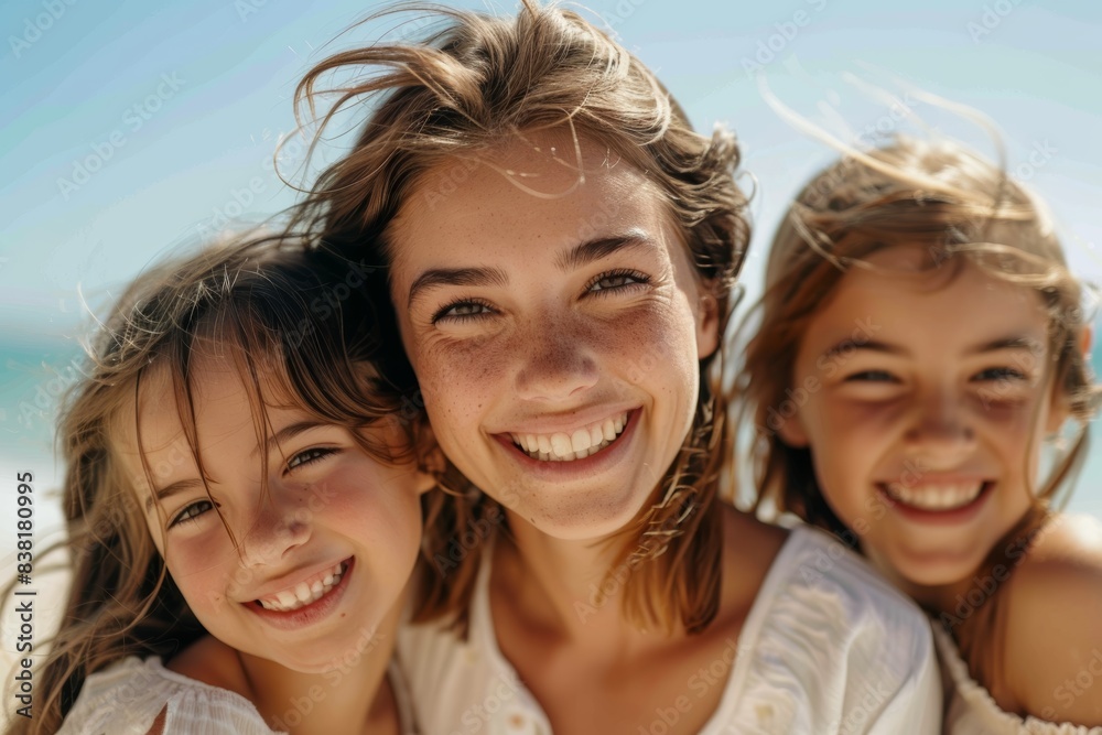 A happy older woman and young girls taking beach selfies. Happily smiling girls sit with foster or adopted mom, grandma, or foster parent in the summer air. A happy older woman and young girls taking beach selfies. Happily smiling girls sit with foster or adopted mom, grandma, or foster parent in the summer air.