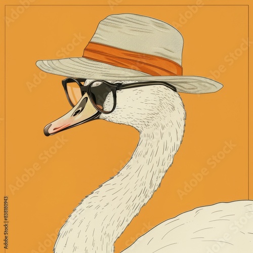 Fototapeta Naklejka Na Ścianę i Meble -  Illustration of a swan wearing a stylish hat and glasses on an orange background, showcasing a unique and quirky fashion sense.