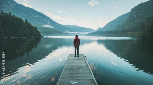 A solitary figure stands on a wooden dock overlooking a tranquil lake surrounded by misty mountains.
