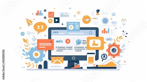 A sleek and modern conceptual flat design illustration featuring icons for content marketing
