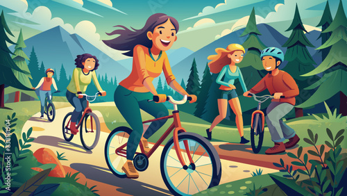 Smiling young woman on a bike riding a mountain bike with friends along a track in a misty forest