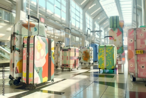 A surreal 3D rendering of suitcases in an airport