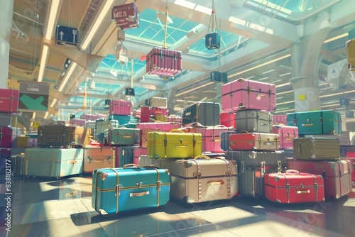 A surreal 3D rendering of suitcases in an airport photo