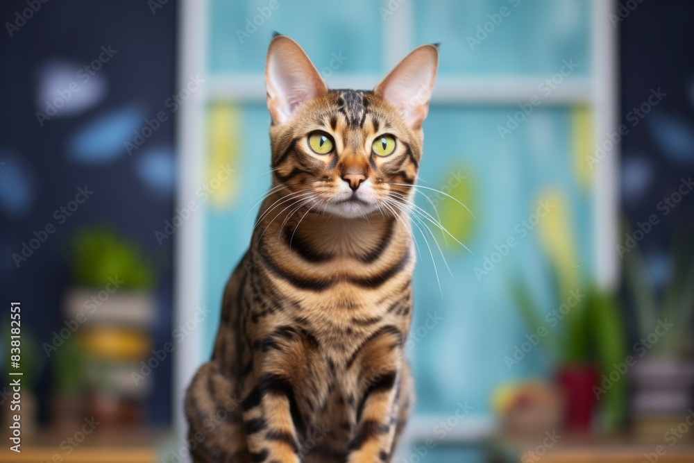 Portrait of a cute bengal cat isolated in lively classroom background Portrait of a cute bengal cat isolated in lively classroom background