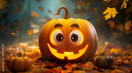 A cheerful carved pumpkin lantern sits among fallen autumn leaves and smaller pumpkins, radiating a warm Halloween glow photo