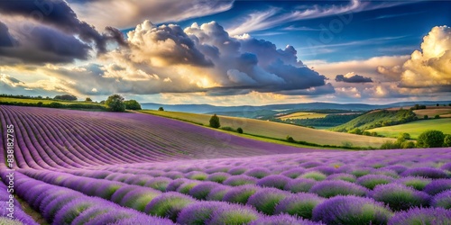 Rolling hills covered in lavender fields under a partly cloudy sky, peaceful and aromatic photo