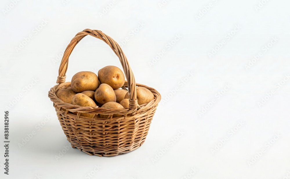 Close up fresh  raw potato in a wicker basket isolated on white background. Potato harvest season concept. Organic farm vegetables for a healthy diet. Copy space.