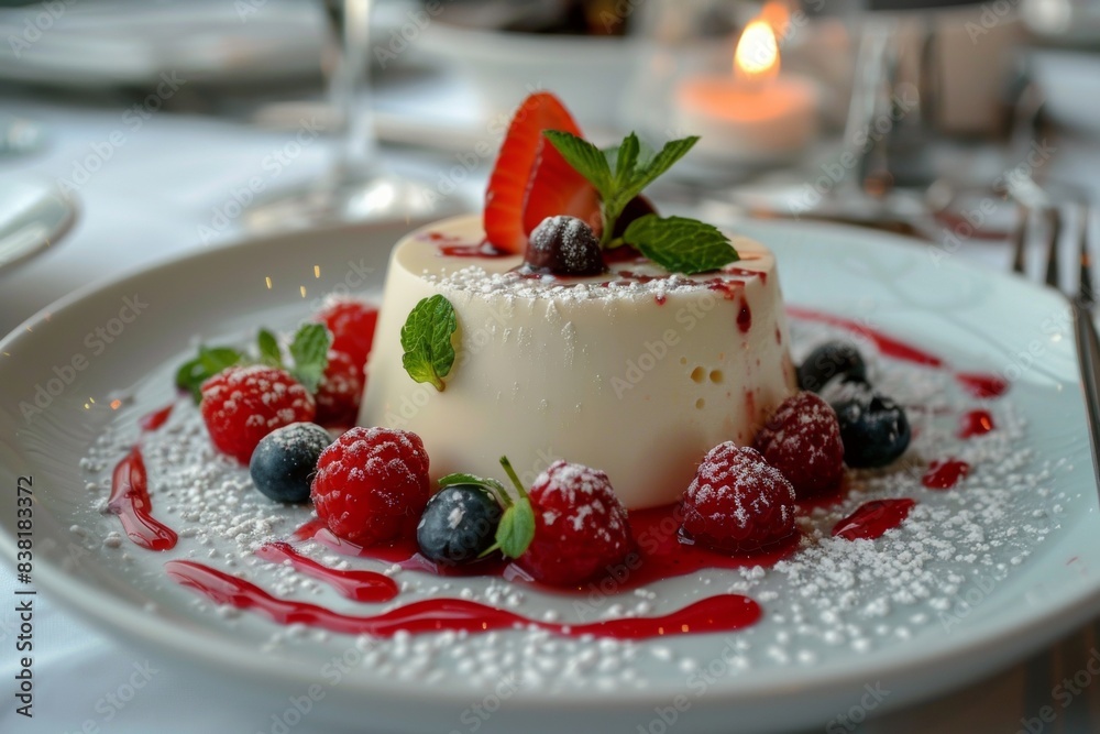 Panna Cotta Dessert With Berries And Sugar Powdered On A White Plate, Closeup, Confectionery Advertise Concept Panna Cotta Dessert With Berries And Sugar Powdered On A White Plate, Closeup, Confectionery Advertise Concept