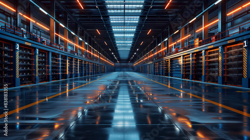empty, but clean and sharp high tech warehouse, with some sophisticated computer system, orange and blue vibe