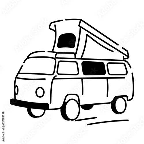 An editable hand drawn icon of camping van 