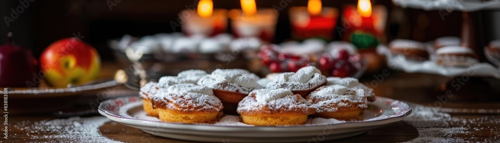 A close-up of festive muffins topped with powdered sugar, with candles and fruit in the background, perfect for holiday celebrations. A close-up of festive muffins topped with powdered sugar, with candles and fruit in the background, perfect for holiday celebrations.