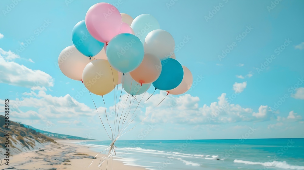 Fototapeta premium A bunch of pastel-colored balloons floating in the sky, with a beach and ocean in the background