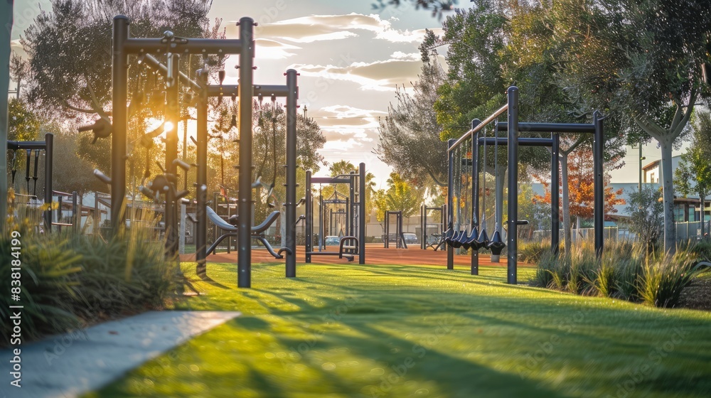 Fototapeta premium Urban Fitness Community: Create a scene of an urban fitness community with group workouts, outdoor activities,