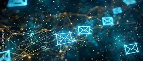 An artistic illustration depicts a network of email icons interconnected by nodes, creating a futuristic communication web photo