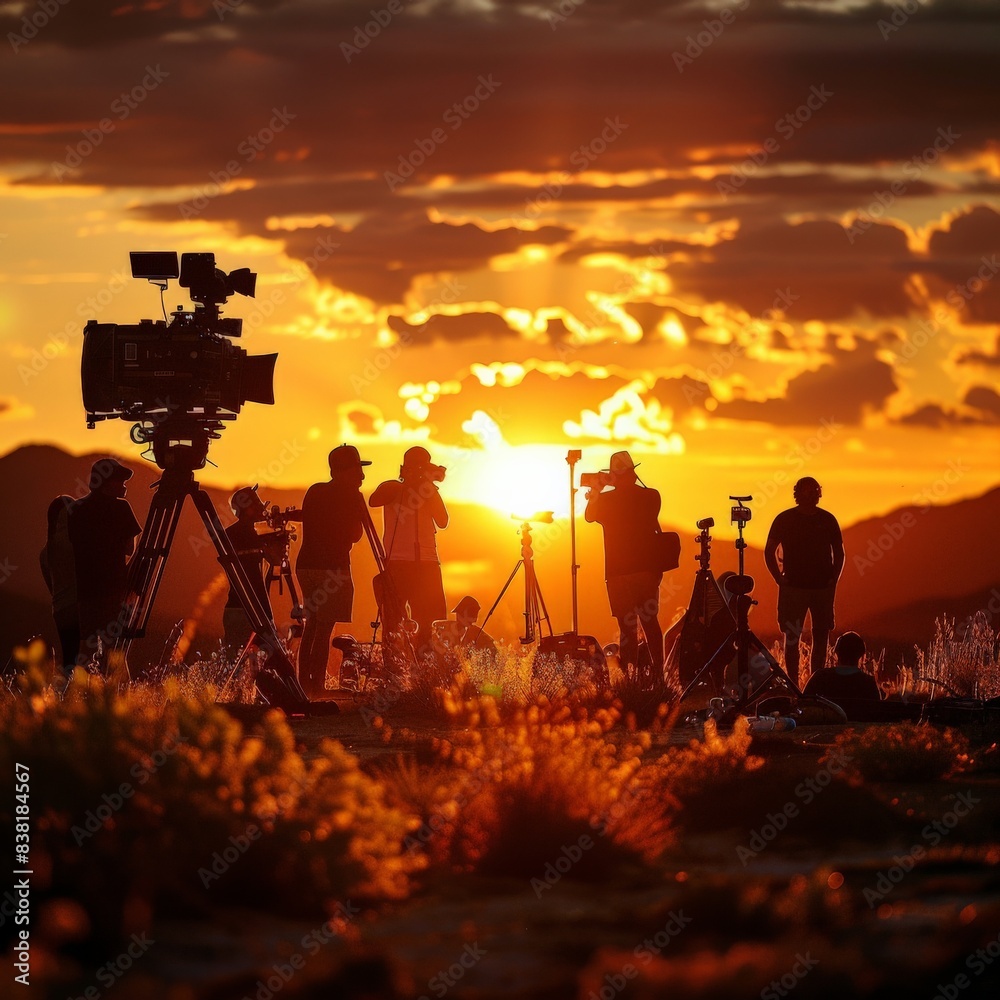 Fototapeta premium Silhouettes of Film Crew Shooting Cinematic Sunset Scene with Professional Camera Equipment and Golden Sky Background in Natural Landscapefilm crew