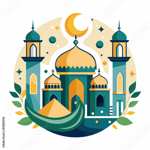 Happy Eid Al Adha Mubarak celebration banner with moon and cow goat paper cut effect on blue night color background. Eid Al Adha Mubarak Muslim celebration day