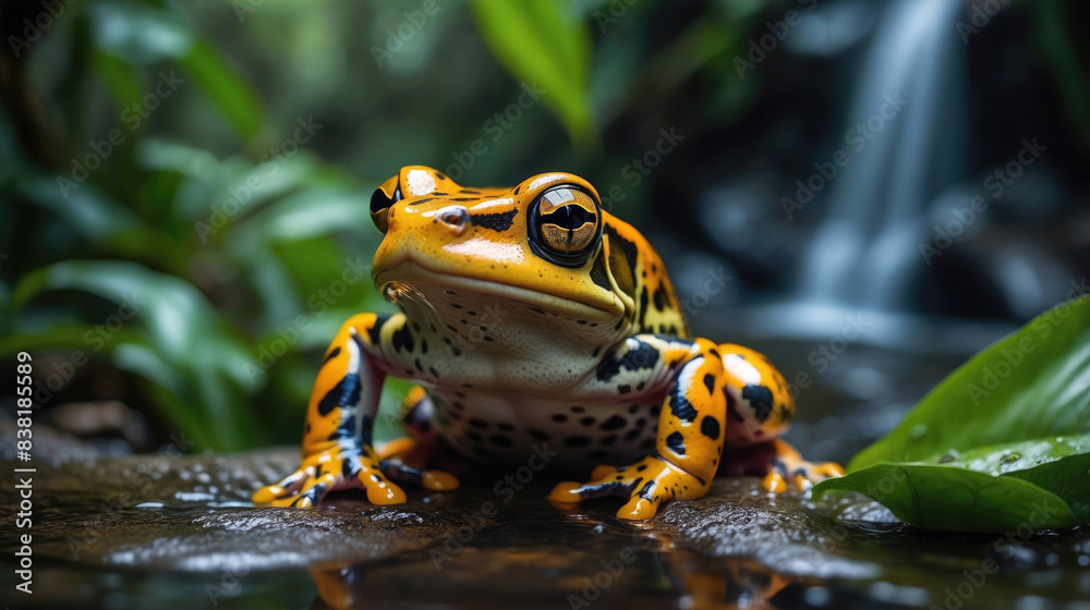 wildlife of frogs perched on rocks and trees in the forest