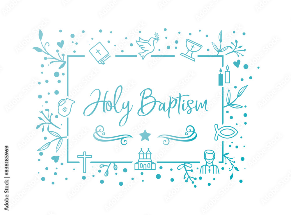Naklejka premium Holy baptism greeting card - text with Christian symbols