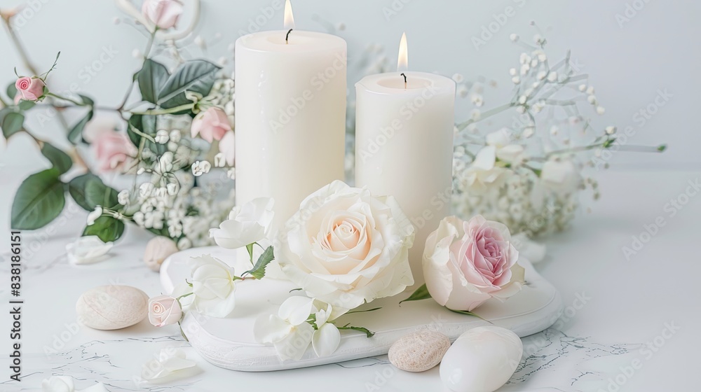 A group of light beige candles with pebbles and roses on a white table against a grey wall, in the style of a spa concept, with a minimalist style and beautiful composition. A group of light beige candles with pebbles and roses on a white table against a grey wall, in the style of a spa concept, with a minimalist style and beautiful composition.