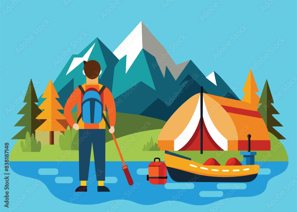 Fototapeta premium Traveling couple hiking man and woman active lifestyle outdoor activity vector walking trip mountains or cliff river rafting inflatable boat backpack and tent camping backpacking boyfriend girlfriend 