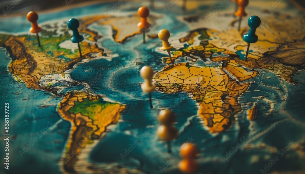 Global Exploration: Close-Up of a World Map with Colorful Pins Marking Travel Destinations Global Exploration: Close-Up of a World Map with Colorful Pins Marking Travel Destinations