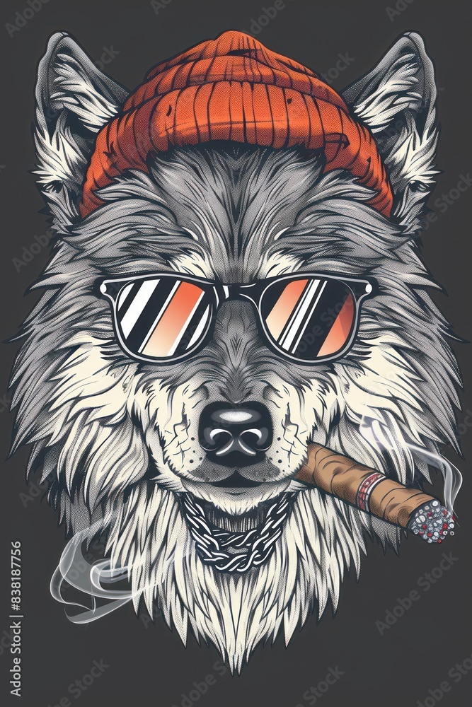 Fototapeta premium Cool wolf with beanie and cigar artwork