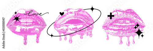Pixel lips vintage icon set, vector y2k melt drip mouth retro bitmap collage grunge print collection. Futuristic bitmap pink sticker kit, female kiss brutal design object. Pixel lips photocopy effect