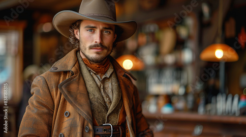 Portrait of a bearded man wearing nineteenth century far west clothes standing inside a saloon. (AI generated)  © Andrea Raffin