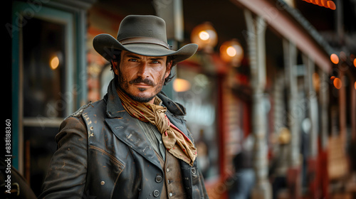 Portrait of a bearded man wearing nineteenth century far west clothes standing outdoors in front of a saloon. (AI generated) 