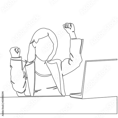 Continuous one single line drawing Happy professional young business woman using laptop computer celebrates success icon vector illustration concept