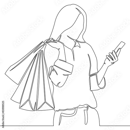 Continuous one single line drawing Woman with shopping bag standing and using phone icon vector illustration concept