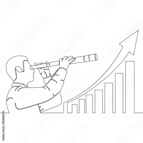 Continuous one single line drawing Business vision and target, Businessman holding telescope and looks at the rising income graph icon vector illustration concept