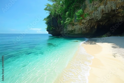 Secluded Beach Under a Lush Cliff on a Sunny Day