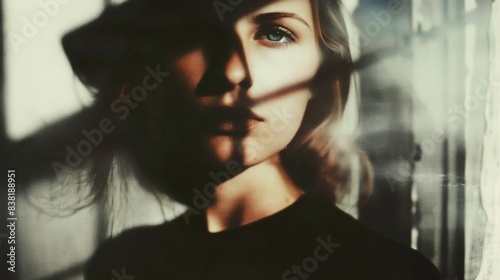 A moody portrait of a woman with intense shadows cast across her face, creating a dramatic and mysterious atmosphere.

