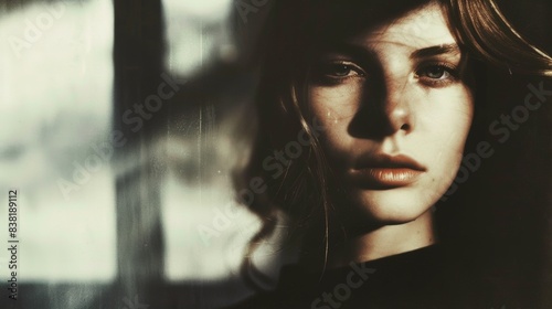 A moody portrait of a woman with intense shadows cast across her face, creating a dramatic and mysterious atmosphere.

