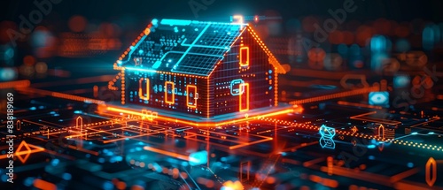 Digital art of a smart home with security icons and data streams on a tablet, scifi, cool hues, hightech theme, detailed 8K , high-resolution, ultra HD,up32K HD