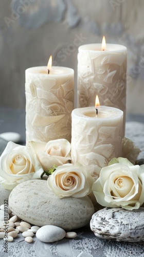 A group of light beige candles with pebbles and roses on a white table against a grey wall  in the style of a spa concept  with a minimalist style and beautiful composition.