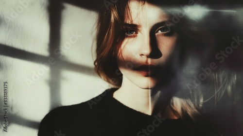 A moody portrait of a woman with intense shadows cast across her face, creating a dramatic and mysterious atmosphere.

