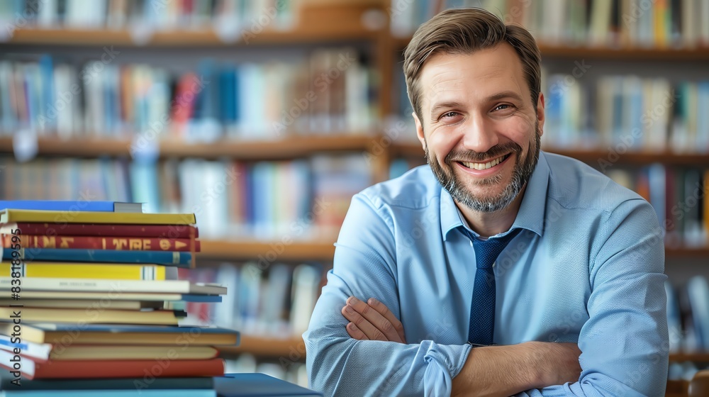 Smiling man in a blue shirt sitting in a library with books in the background, showcasing education and knowledge. Smiling man in a blue shirt sitting in a library with books in the background, showcasing education and knowledge.