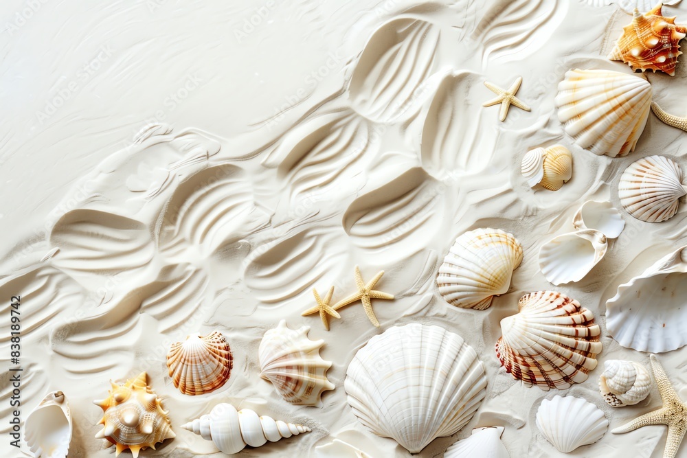 Seashells and starfish arranged on white sand with wave pattern. Summer beach background. Seashells and starfish arranged on white sand with wave pattern. Summer beach background.