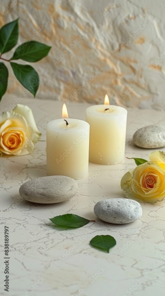 A group of light beige candles with pebbles and roses on a white table against a grey wall, in the style of a spa concept, with a minimalist style and beautiful composition. A group of light beige candles with pebbles and roses on a white table against a grey wall, in the style of a spa concept, with a minimalist style and beautiful composition.