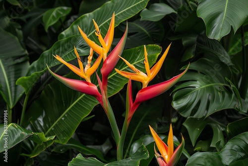 Vibrant orange and red flowers bloom against a backdrop of lush green foliage.
