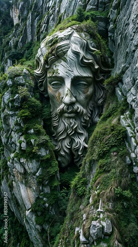 Face covered in moss between rock walls, AI-generated.