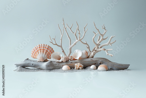 A coral reef scene with white corals, seashells, and driftwood on white sand, set against a background in a marine theme with a minimalistic composition and neutral color palette. photo