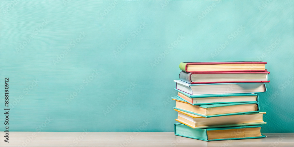 Colorful books stacked against a turquoise background, creating a vibrant scene Colorful books stacked against a turquoise background, creating a vibrant scene