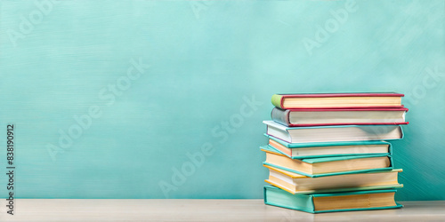 Colorful books stacked against a turquoise background, creating a vibrant scene
