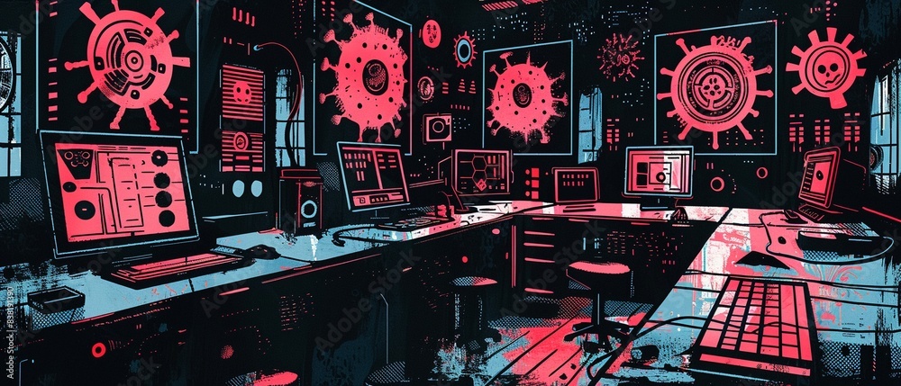 Computer in a modern lab showing detailed virus analysis, holographic screens, neon pink and blue, advanced scientific tools Computer in a modern lab showing detailed virus analysis, holographic screens, neon pink and blue, advanced scientific tools