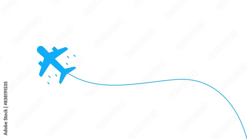 Animated of cyan color airplane icon paves the way. Flight route concept