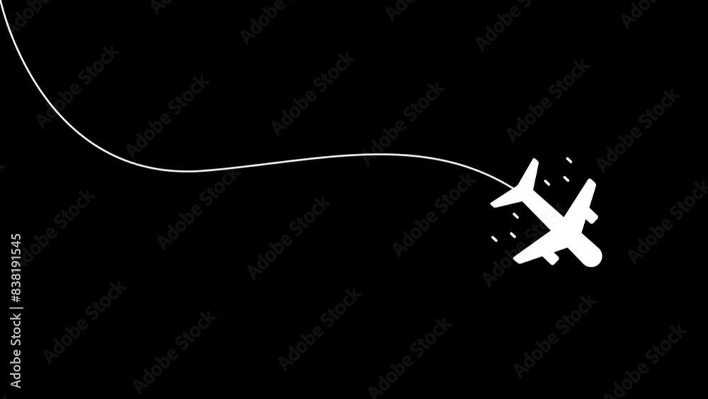 Animated of white color airplane icon paves the way. Flight route concept