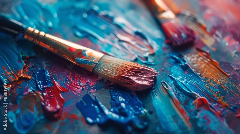 Fototapeta premium A piece of paper curling around a paintbrush close up on the interaction art theme vibrant Overlay Artist's studio backdrop. Fantasy illustrator